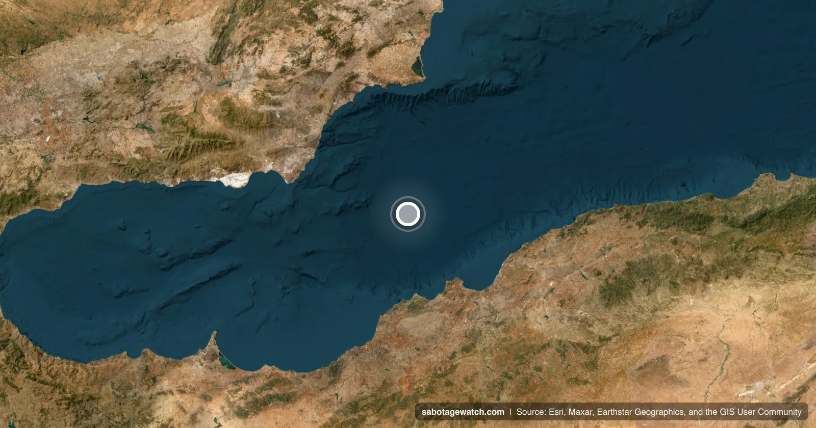 Satellite view of the western Mediterranean off SE Spain with the incident marker